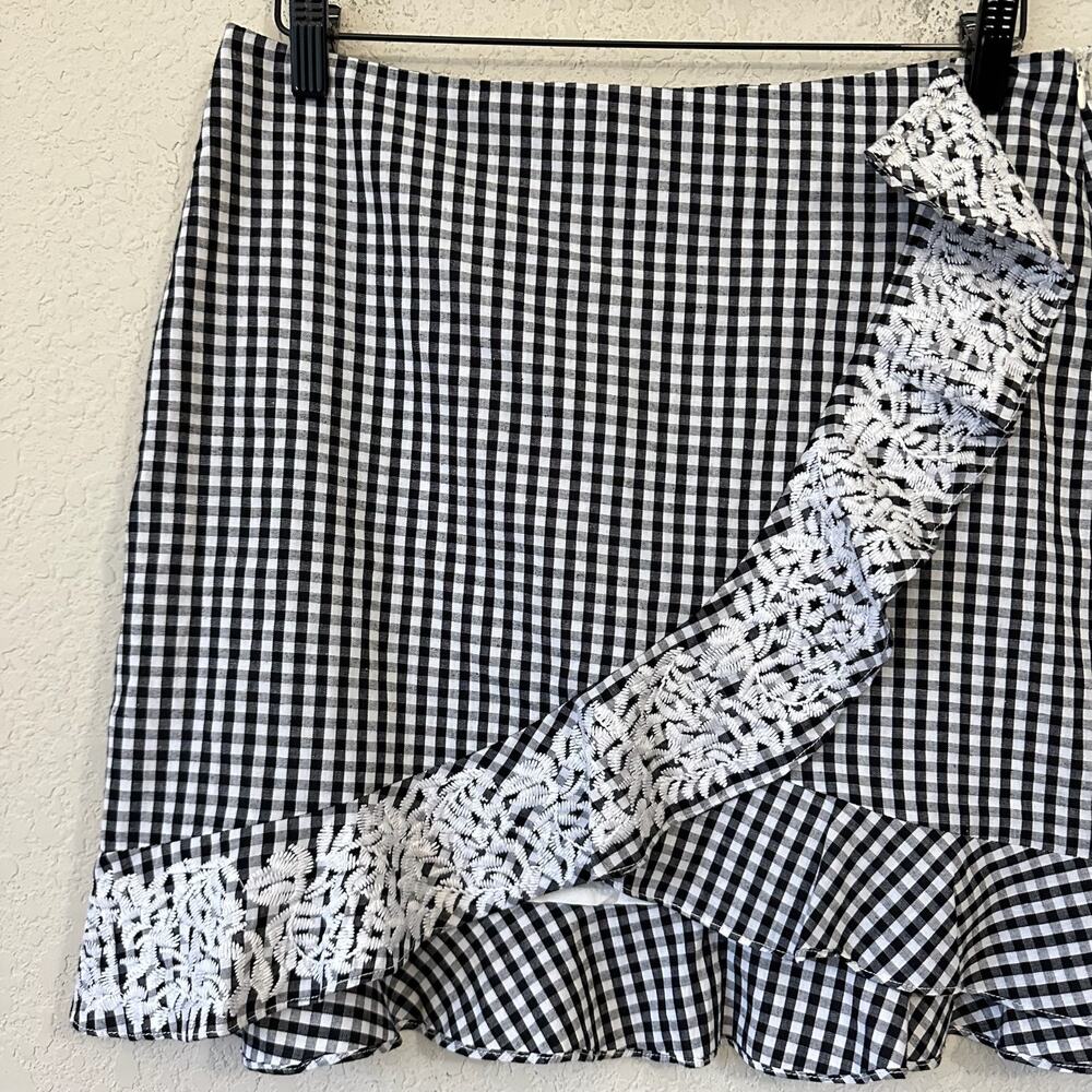 J.MARIE Mini Skirt Black White Gingham Lined Ruffled Faux Wrap Cotton - Picture 4 of 9